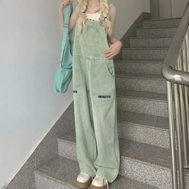 

Vintage Light Green Denim Strappy Trousers Women Summer Korean Loose Wide-legged Jumpsuit Overalls Female Jeans Romper Playsuits