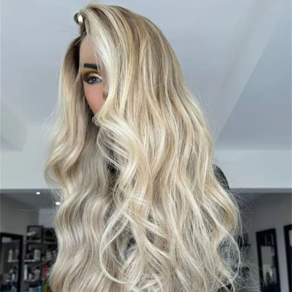 Party Daily Cosplay Wig 13x4 Ombre Ash Blonde Highlights Synthetic HD Lace Front Wig with Roots 30 Inches Super Long Body Wave