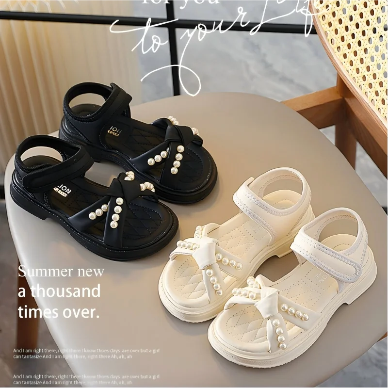 Kids'Casual Shoes Sandals Open-Toe Pearl PU Leather Summer Shoes For Girls Anti-slip Soft Bottom Beige Black Shoes Size 23-36