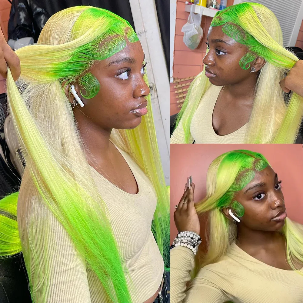 Green Roots WIth Blonde Omber Green Straight 13x4/13x6 Transparent Lace Frontal Human Hair Wig 180% Remy Preplucked Lace Wigs