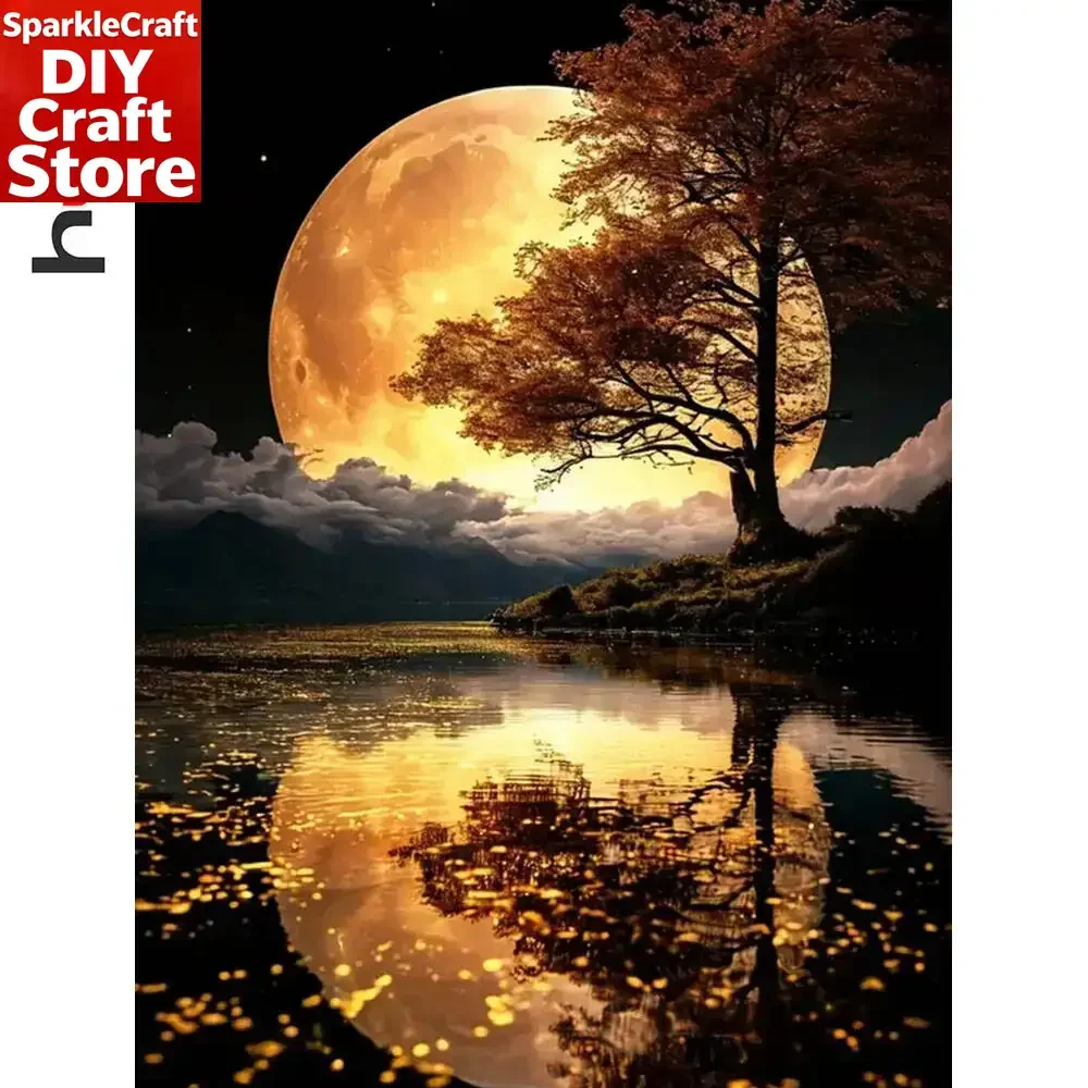 

unframe Full Square Round Drill Diamond Painting River Moon Diamond Mosaic Landscape Art Decorative Paintings