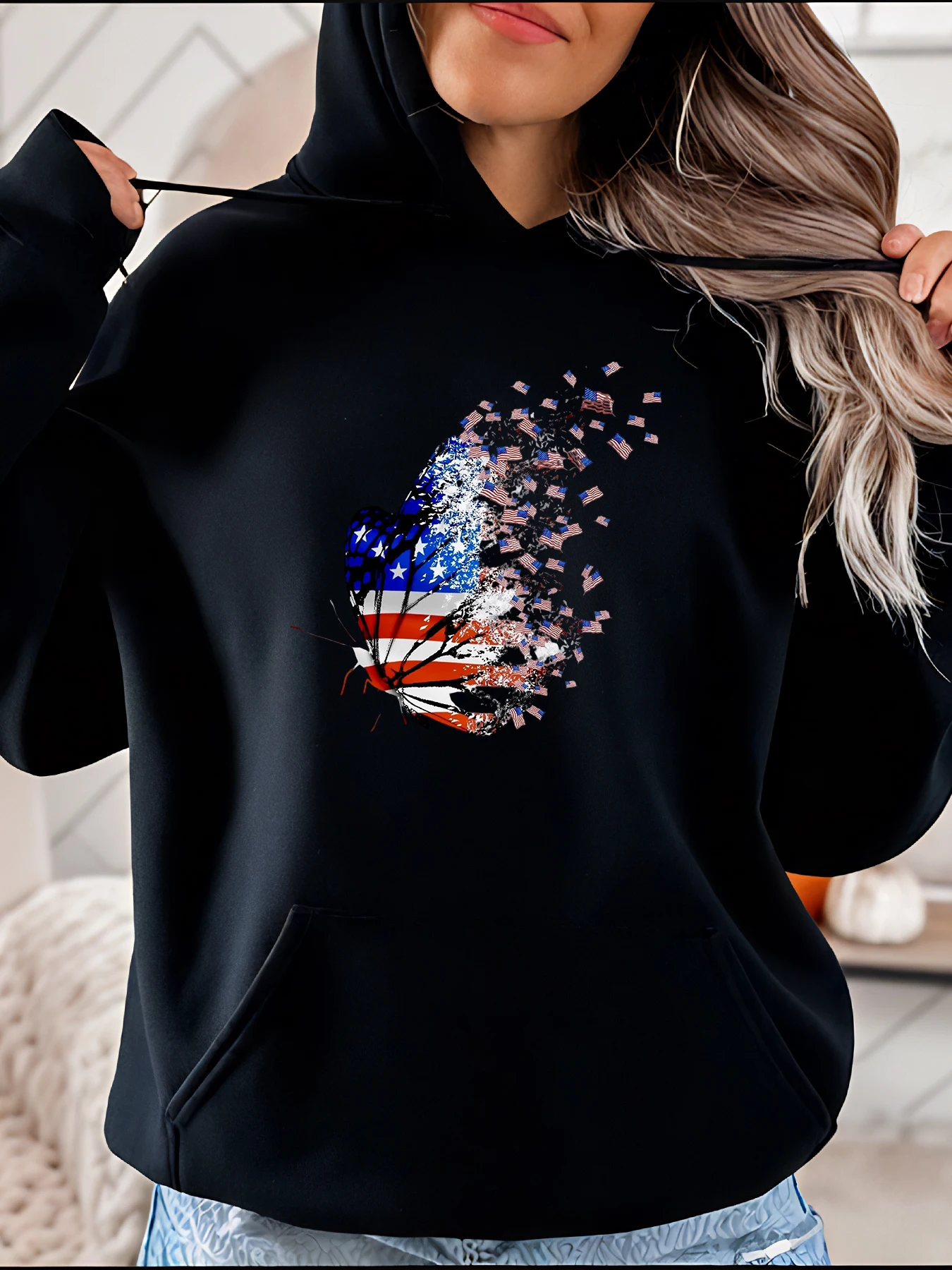 

American Flag Butterfly Print Hoodie Women's Casual Sweatshirt Pullover Fashion Streetwear for Girls and Women