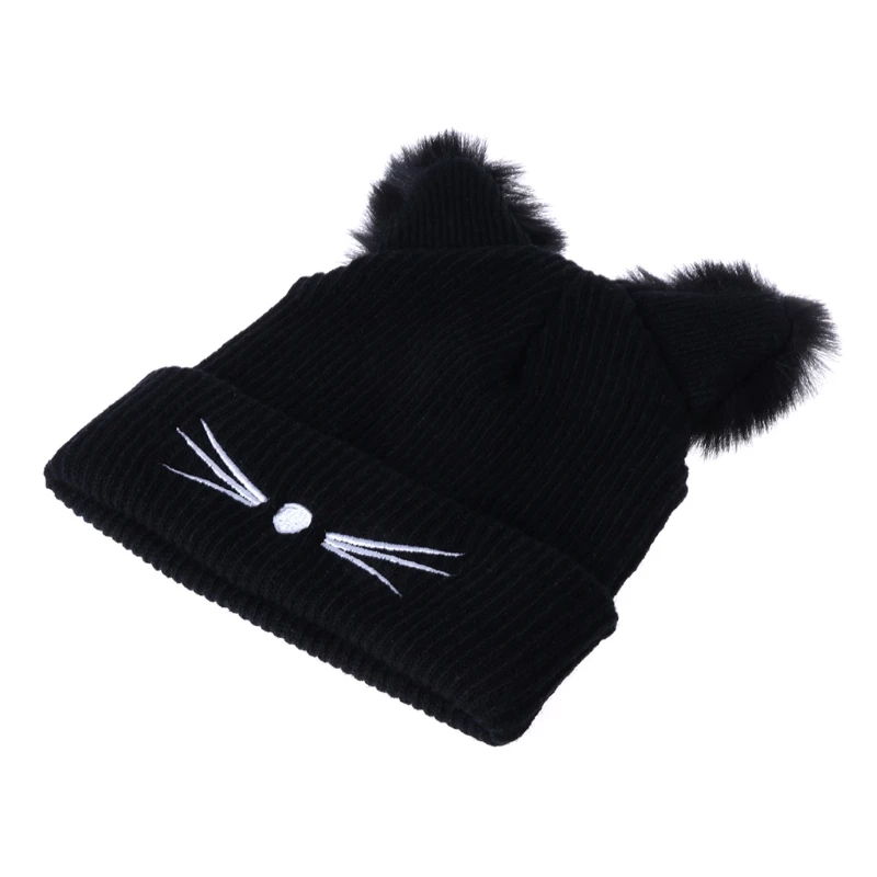 Lovely for Cat Ears Knitted Hat With Fur Trim Women Solid Color Winter Warm Hats Lady Kawaii Winter Beanies Casual Wool