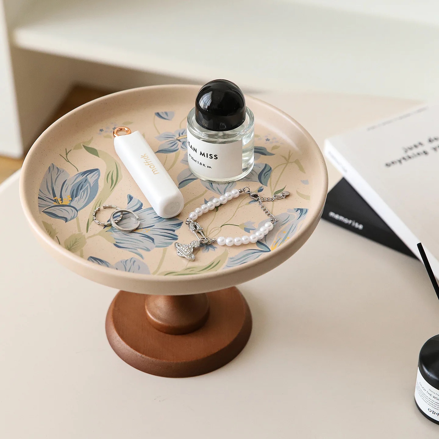 Zml ceramic tray - premium desktop ornament, wooden elevated display plate, entryway key storage & decorative piece