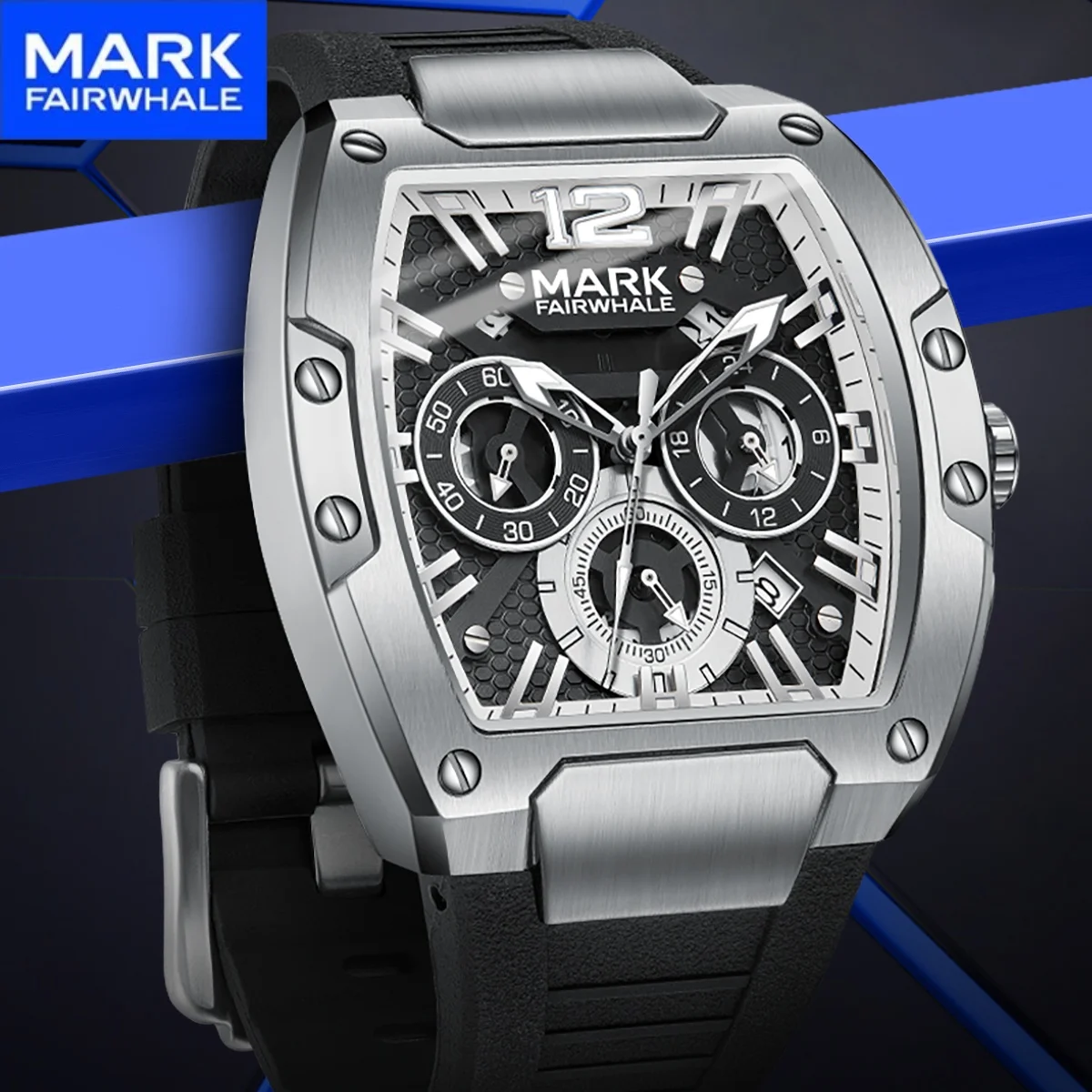 Mark Fairwhale Fashion Mens Multifunctional Quartz Tonneau montre homme  Silicone Waterproof Luminous Sport montre luxe