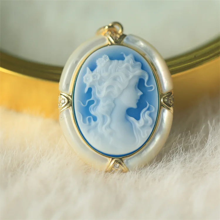 

Medieval S925 Silver Inlaid, German Cameo Agate Relief Aeolus Girl Pendant