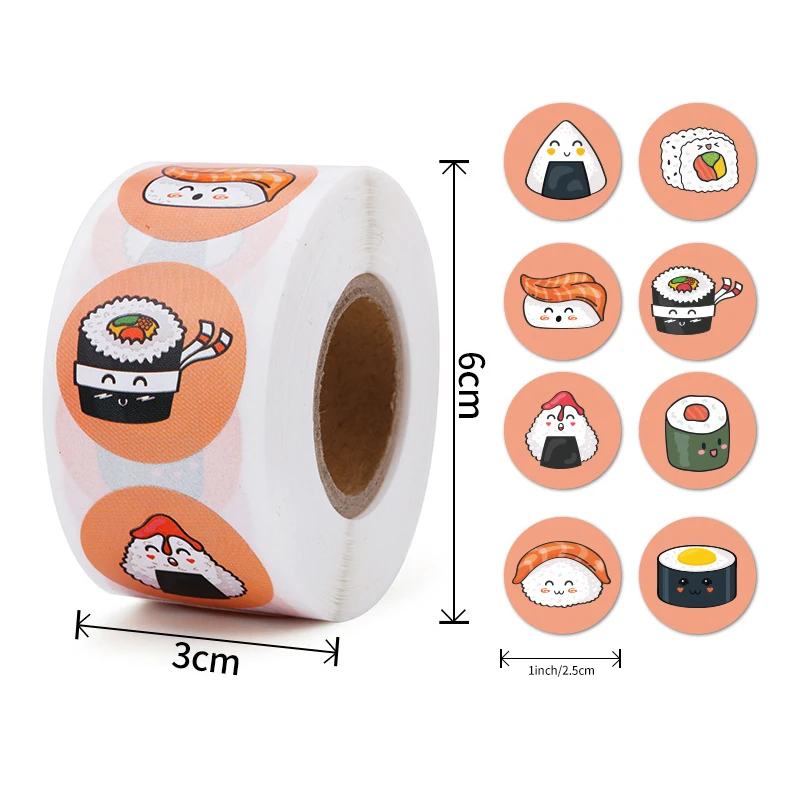 Desenhos animados Sushi Pattern Stickers, Circular, Adequado para Aniversário, Feriado, Decoração de Casamento, Cozido, Sobremesa, Lancheira, Etiqueta Adesiva, 500Pcs