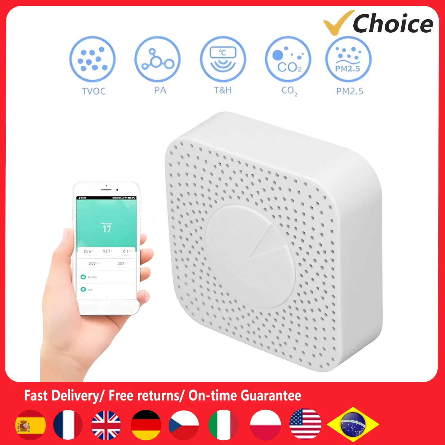 

Indoor Air Quality Meter Smart Home Air Detector Multifunctional HCHO VOC CO2 Temperature Humidity PM2.5 Air Tester for Home