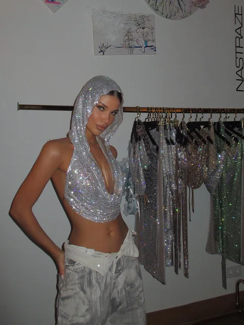 Kobiety Seksowna Siatka Przezroczysta Koszulka Błyszcząca Siatka z kryształkami Hollow Out Crop Top Bez rękawów Plaża Cover Up Party Club Tank Tops