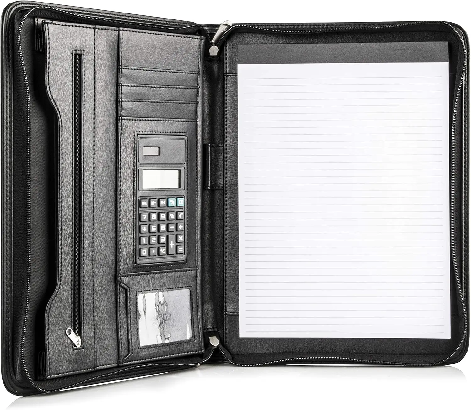 

Superior Vegan Leather Business Portfolio with Zipper – Padfolio All-in-One for 10.1 Inch Tablet, Solar Calculator, Card