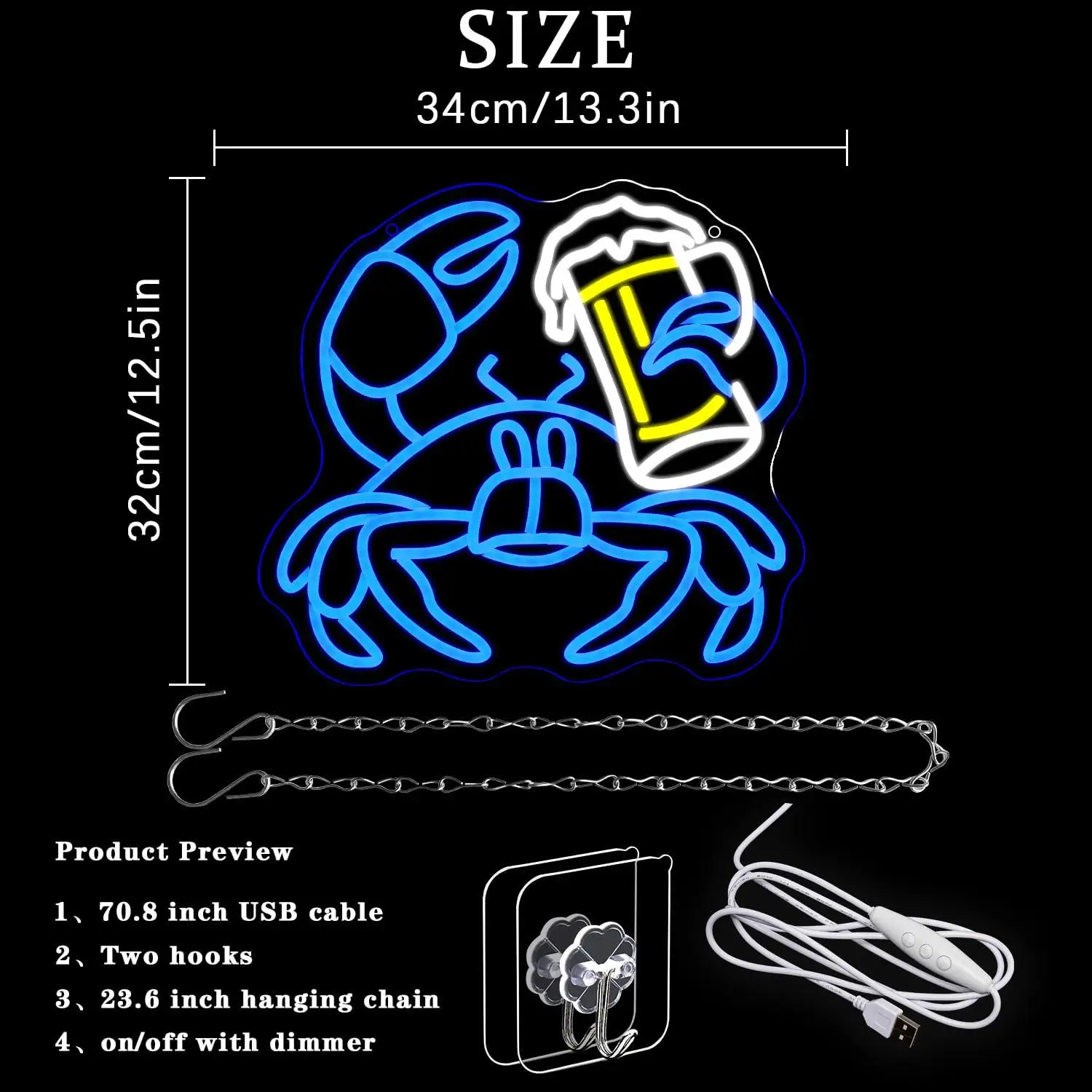 Crab Beer Neon Sign USB Dimmable LED Light for Seafood Restaurant Bar Pub Man Cave Seafood Beer Theme Neon Wall Art Decoration