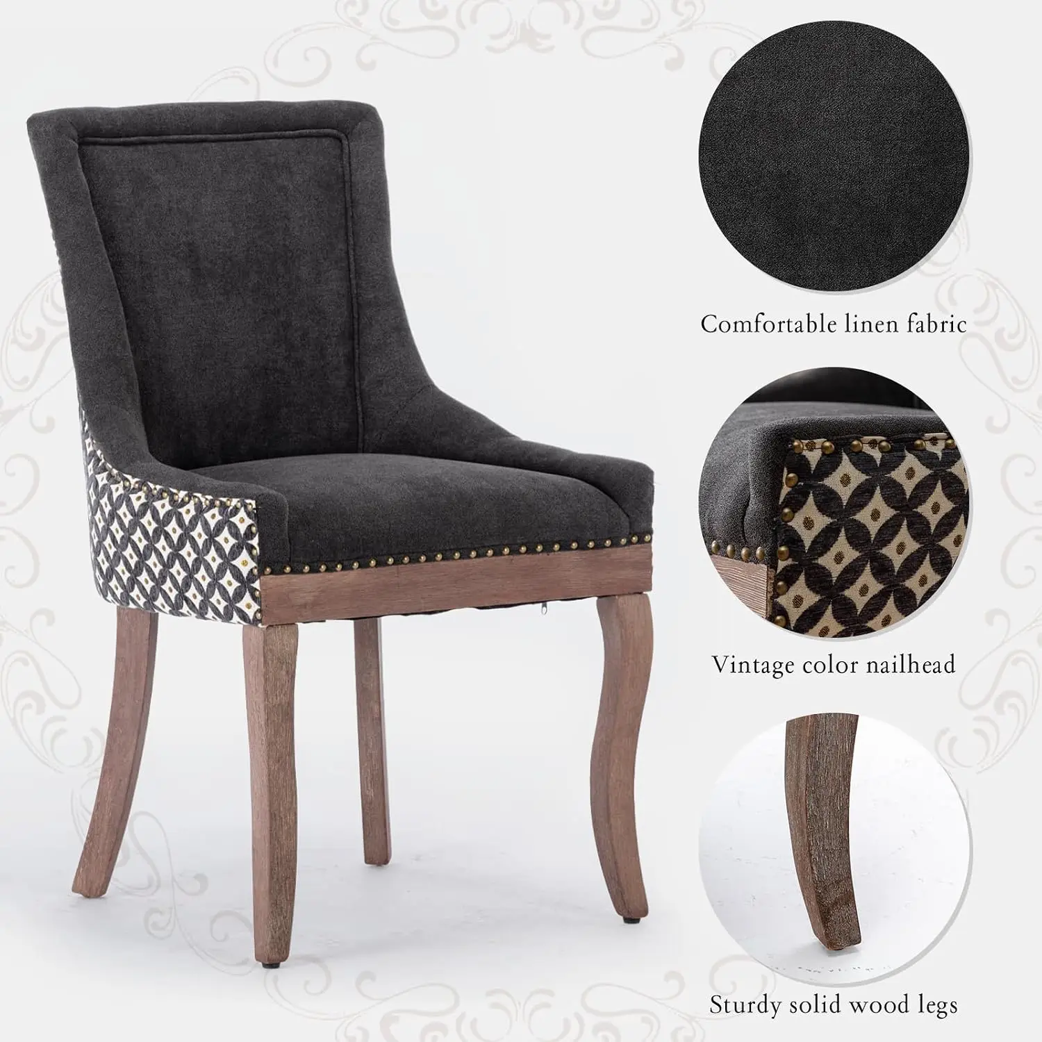 Vintage Upholstered Side Chairs Set of 4 with Nailheads Wood Legs for Kitchen Living Dining Room Black Pattern, Customized