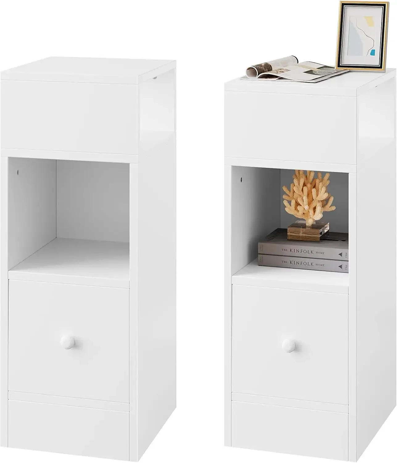 2er-Set, schmal, Beistelltisch mit 2 offenen Ablagen und 1 Schublade, 25x66x30 cm, Nachtschrank im