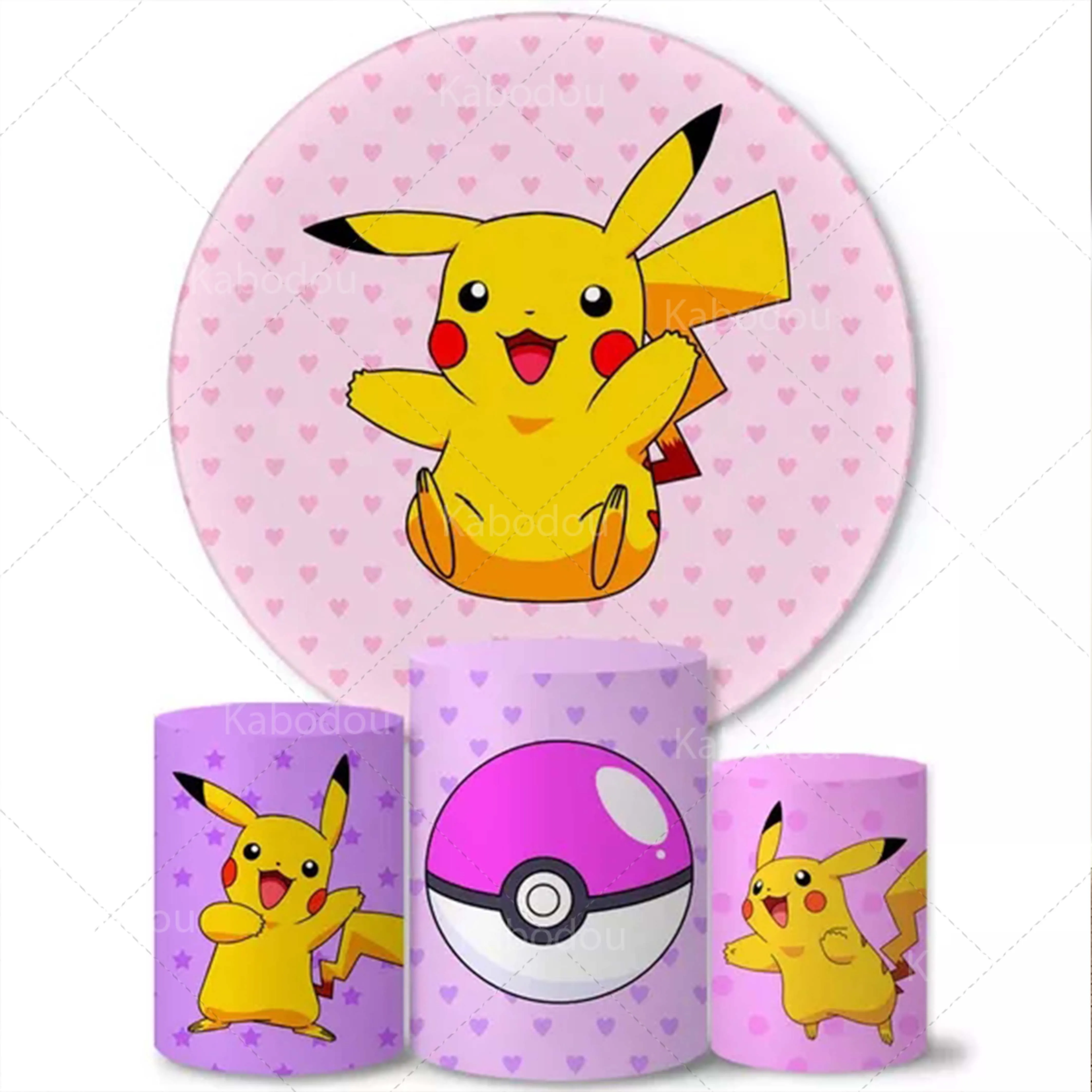 Pokemons Round Backdrop Pink Kids Birthday Party Decoration Photography Background Baby Shower Cylinder Cover Studio Props