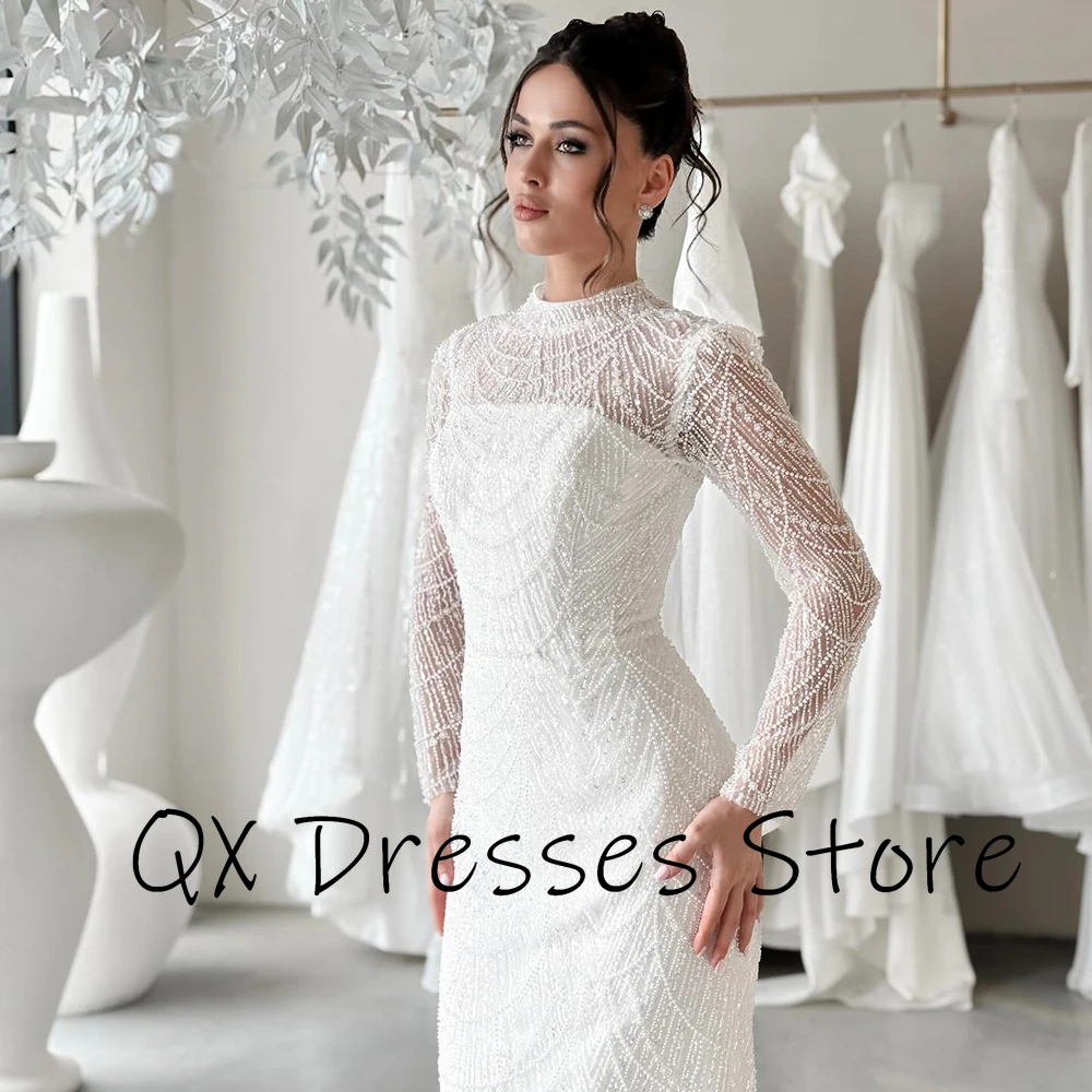 Customized White O-neck Tulle Simple Evening Dress ILLUSION Full Sleeves Watteau Train Party Dress Mermaid Floor Length Gown