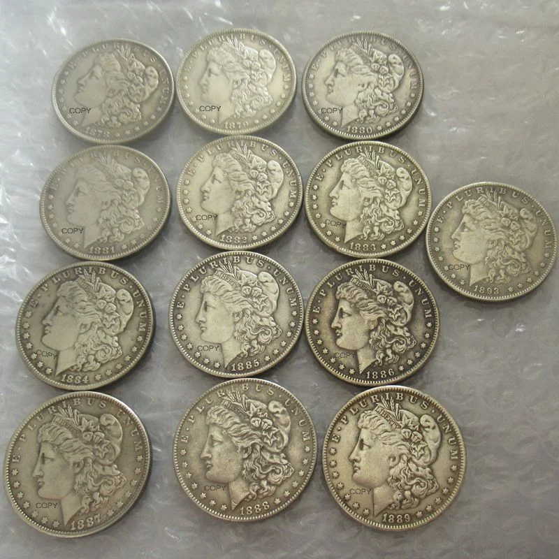 Juego completo de EE. UU. (1878-1893), 13 Uds. CC Morgan dólar, copia chapada en plata