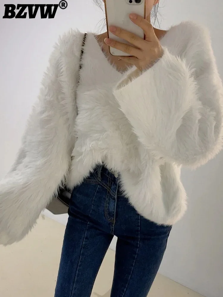 

BZVW Fashion Imitation Mink Fur Knitted Sweater Women V-neck Long Sleeves Solid Color Korean Sweaters 2024 Autumn New 25A8732