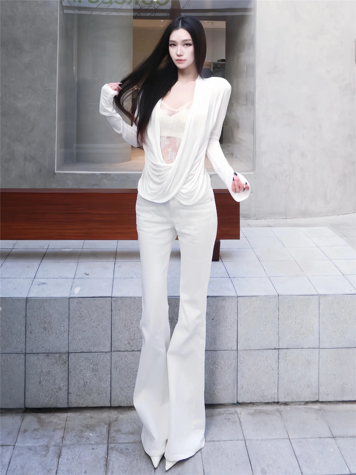 

Retro American White Bell Bottom Jeans Women's High Waist Slimming Long Stretchy Floor Length Pants Cotton Soft Washed