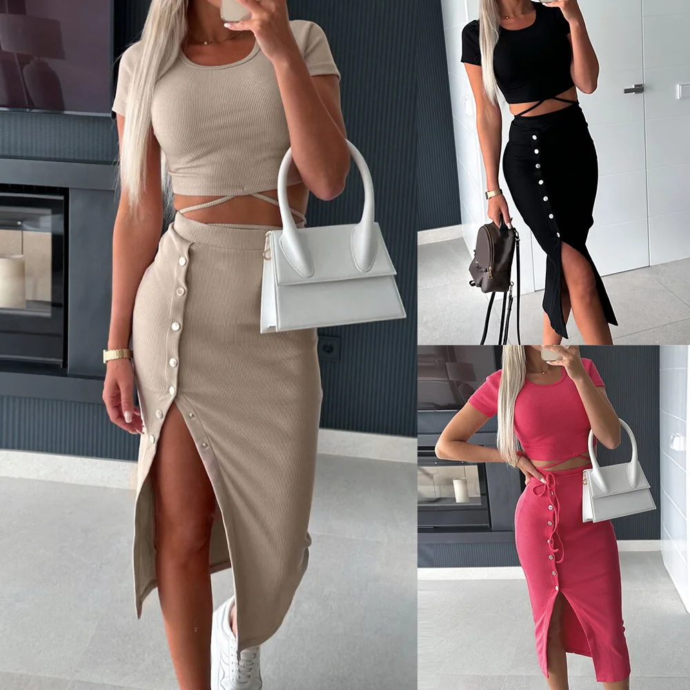 

2PCS 2024 Summer Top+Skirt Set Women Solid Short Sleeve Slim T shirts Tops+Sexy Split Skirt Dress Holiday Outfit Fashion Clothes