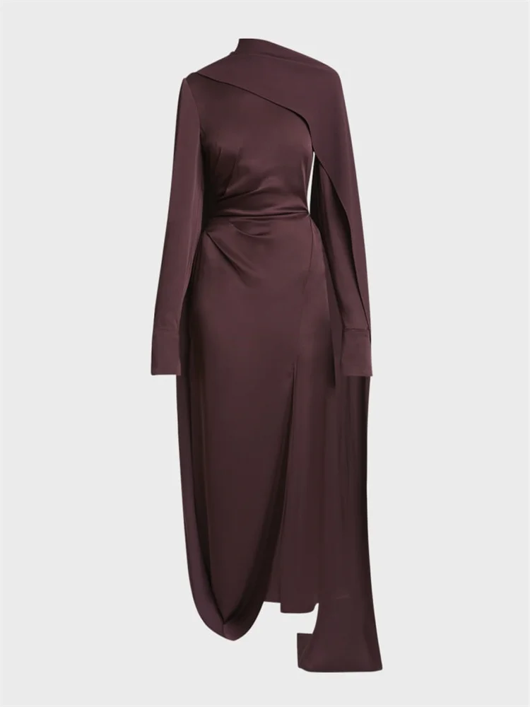 

New Arrival Round Neckline Long Sleeves Satin Sheath Evening Dress Elegant Back Zipper Floor Length High Slit Gown For Women