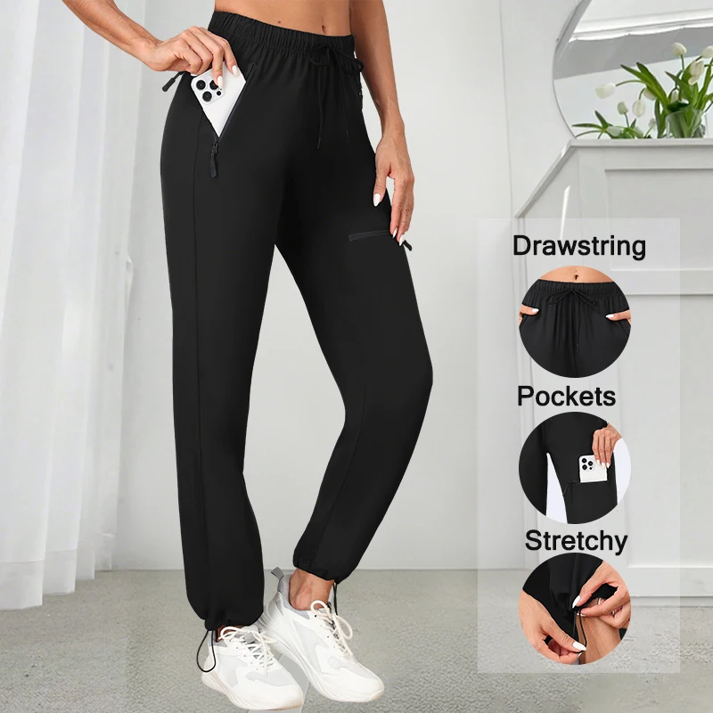 Pantaloni da donna in tessuto multiuso a 4 tasche con coulisse regolabile in vita con orlo arricciato Pantaloni casual da esterno Comfort Fit Pull-On