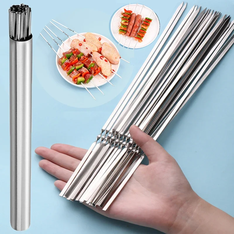 Silver Barbecue Skewer Stainless Steel Storage Tube Reusable Grill Sticks Flat BBQ Fork BBQ Utensil Kitchen Outdoor Camping Tool