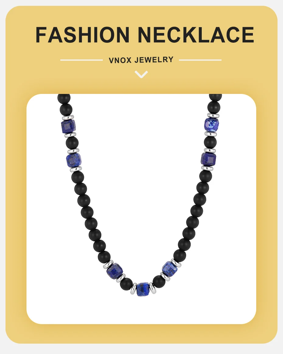 Vnox Herren-Perlenkette, mattschwarzer Onyx und Lapislazuli, Natursteinkette, verstellbare Länge, lässiger Alltagsschmuck für Männer, Geschenk – Detail 1