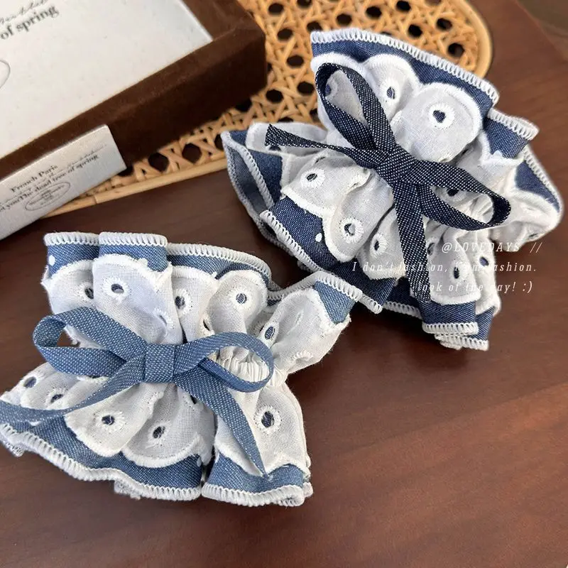 New Style Denim Made Embroidered Lace Large Size Hair Ties Women\'s Korean Fragmented Flower Hair Scrunchies Accessories 1pc