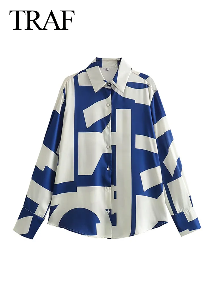 TRAF-Chemisier à Manches sulfet Col Rabattu pour Femme, Chemise Décontractée à Imprimé Géométrique, Simple Boutonnage, Nouvelle Collection Printemps