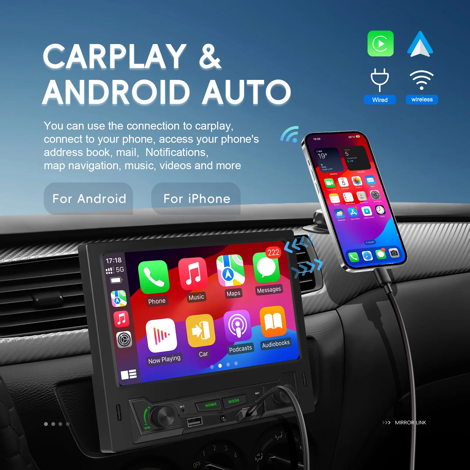 Camecho 1 DIN 8 بوصة الوجه خارج شاشة تعمل باللمس سيارة مشغل وسائط متعددة اللاسلكية أندرويد السيارات/CarPlay راديو السيارة أضواء ملونة ستيريو