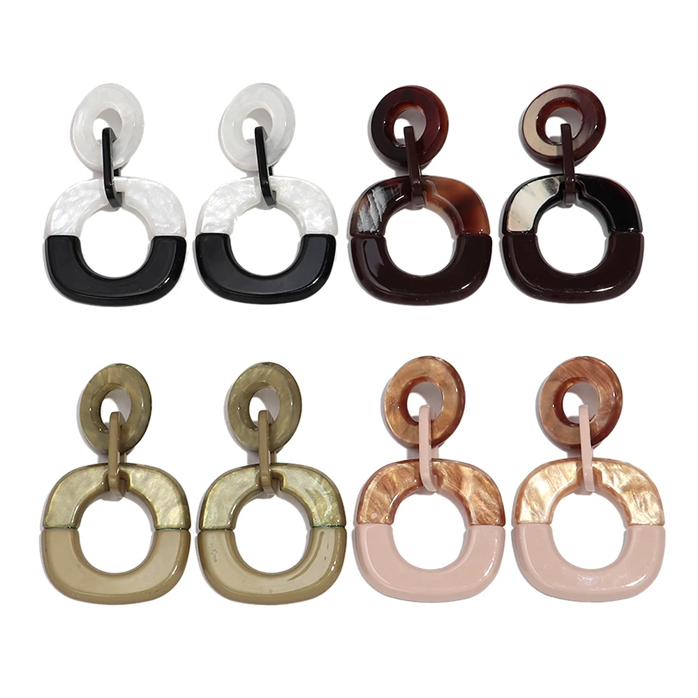 Vintage Acrylic Mix Color Square Round Big Drop Earrings for Women Retro Resin Geometric Splicing Dangle Earring Party Jewelry