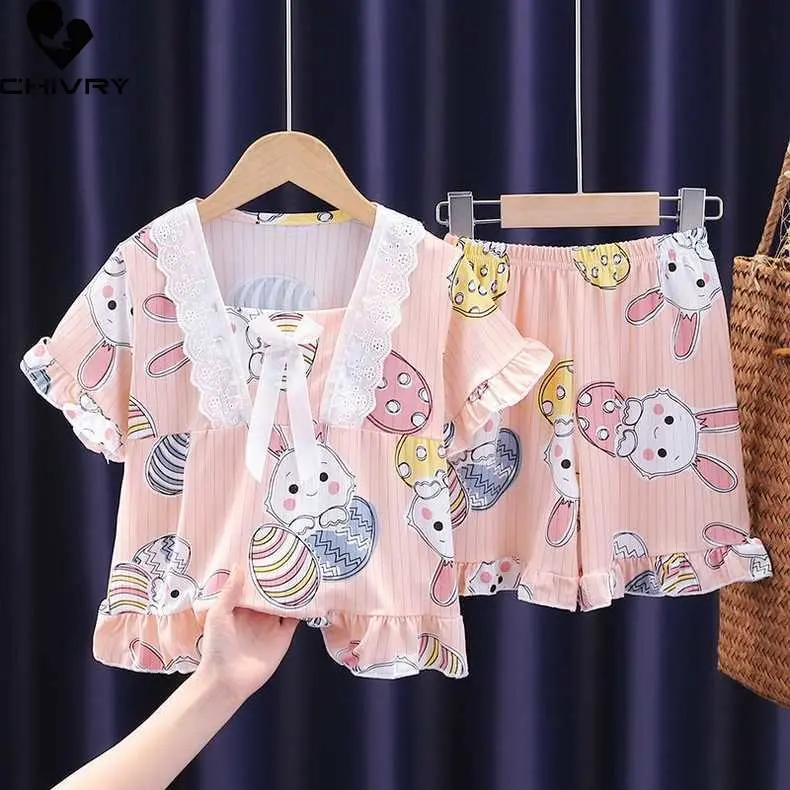 New 2023 Girls Summer Pajamas Sets Cute Cartoon Rabbit Short Sleeve Lace Shirt Tops with Shorts Baby Girl Sleepwear Homewear