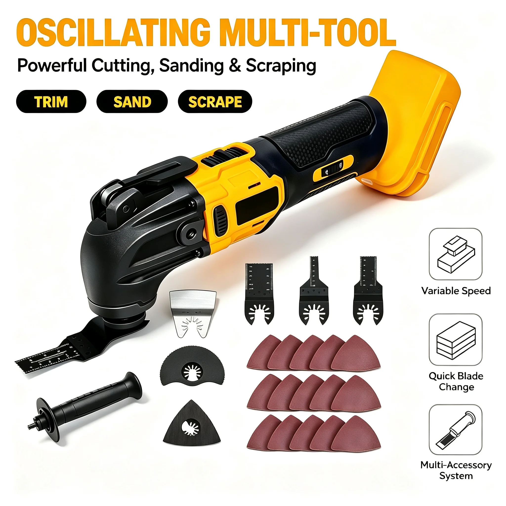 20V Cordless Oscillating Multi Tool, Brushless Multi Functional Renovator, Electric Trimmer Cutter for Cutting Sanding Scraping, Compatible with DeWALT 20V Battery, Battery Not Included