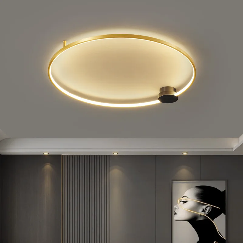 Modern minimalist indoor copper circular LED living room, study, kitchen, three color dimming luxury ceiling light