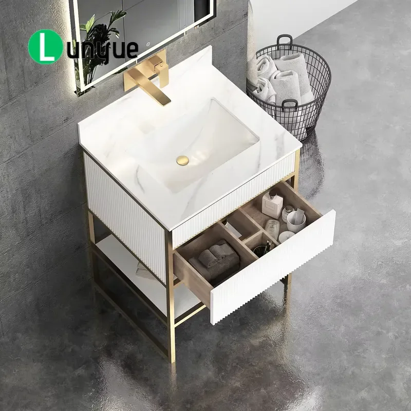 Custom Matte White Modern European Floor to Ceiling Plywood Bathroom Vanity Cabinet with Marble Sink Durable Storage Solution