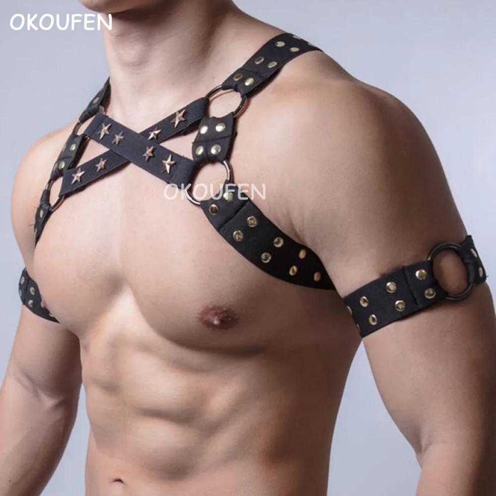 Night club stage party theme performance equipment Sexy Stars elastic band men's chest back shoulder strap