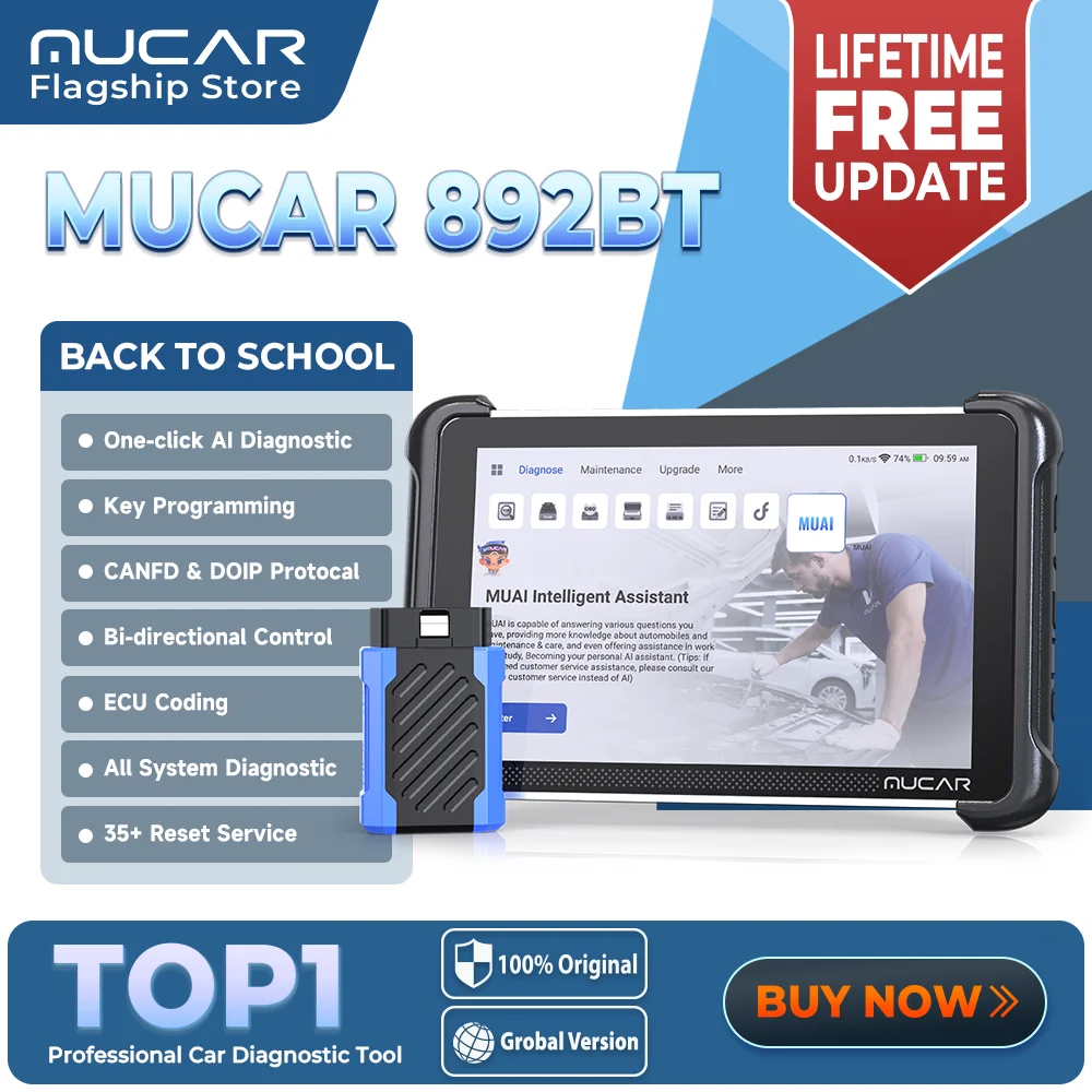 MUCAR 892BT AI Automotive Diagnostic Tool IMMO Key Programming Bi Directional Obd2 Scanner ECU Coding CANFD DOIP 35 Resets Free