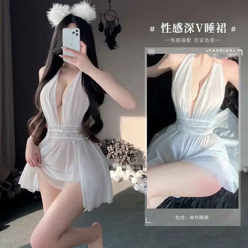 Mini vestido feminino sexy pendurado no pescoço, decote em v profundo, costas abertas, perspectiva de cintura com renda, camada dupla, fio macio, verão, 9864