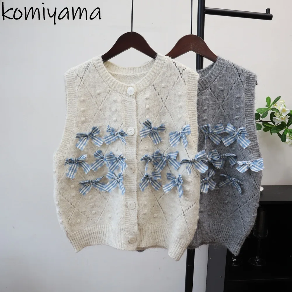 

Вязаная куртка без рукавов с контрастным бантом Casaco Chaquetas De Mujer с небольшим ароматом Jaqueta Feminina, женский жилет 2025 года, куртка-майка, верхняя одежда