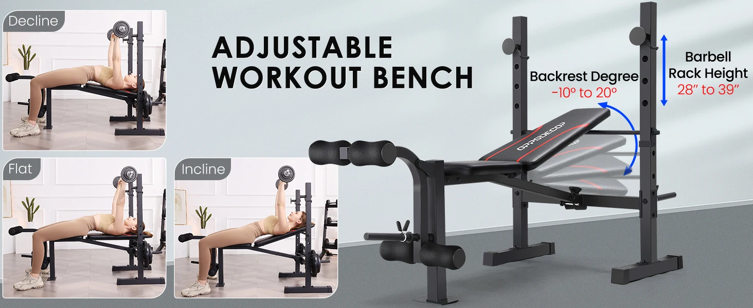 Description Picture 3 of itemStandard Adjustable Weight Bench Set, Bench Press with Squat Rack & Leg Extension and Leg Curl Workout Bench for Home Gym Full B