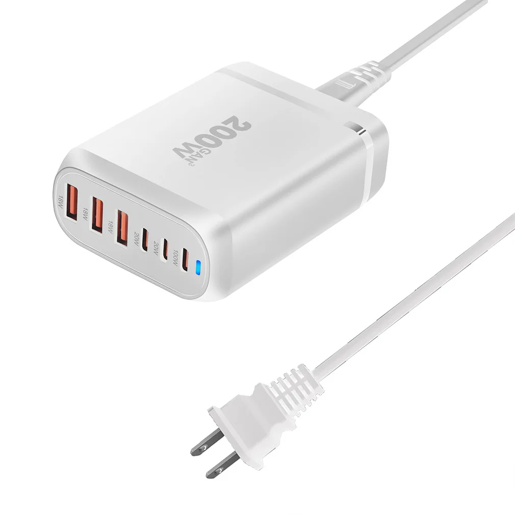Hot 200W GaN Fast Charger 6-port USB Type C PD Desktop Charger Multi-Port Fast Charging for iphone, for MacBook Dropshipping