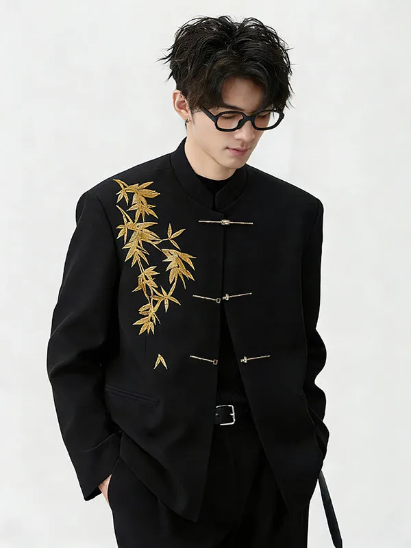 

New Chinese Style Men's Suit Wedding Ceremony Groomsmen Formal Wear Embroidered Golden Bamboo Casual Western Jacket
