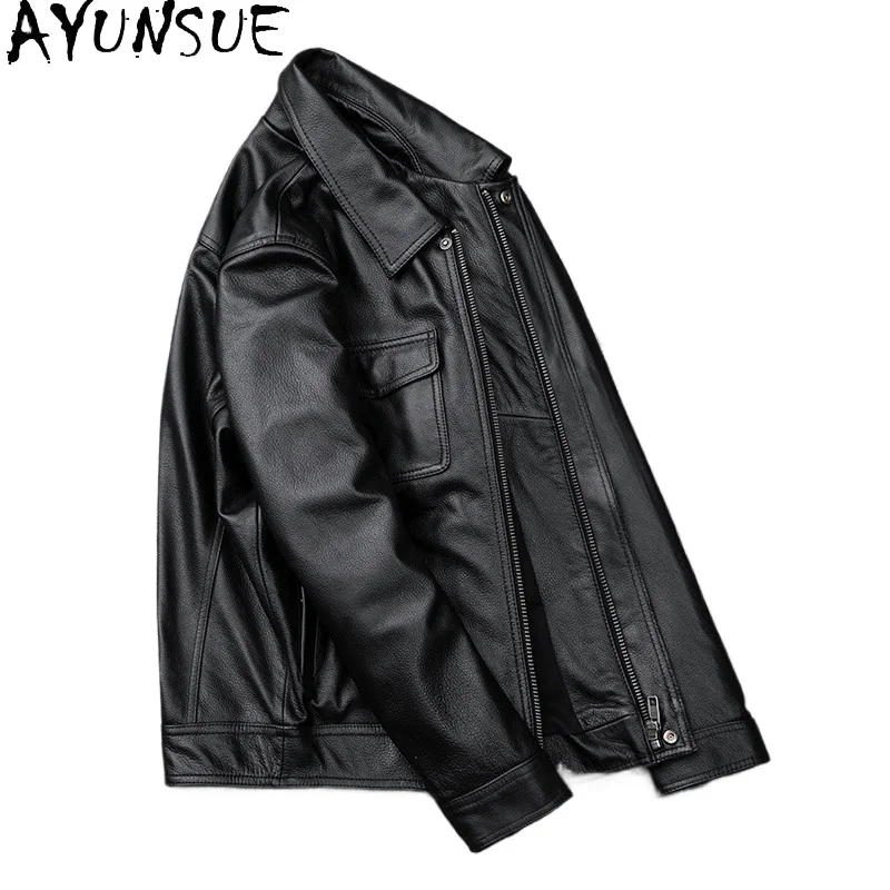 AYUNSUE Genuine Leather Jacket Men 2026 High Quality Top Layer Cowhide Real Leather Coat Slim-fit Casual Motorcycle Jackets New