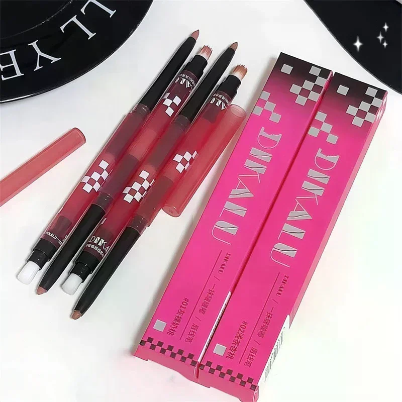 DIKALU Matte Lip Liner Pencil With Brush Double-head Nude Grey Pink Lip Contour Tint Pen Lipstick Non-stick Cup Lips Makeup