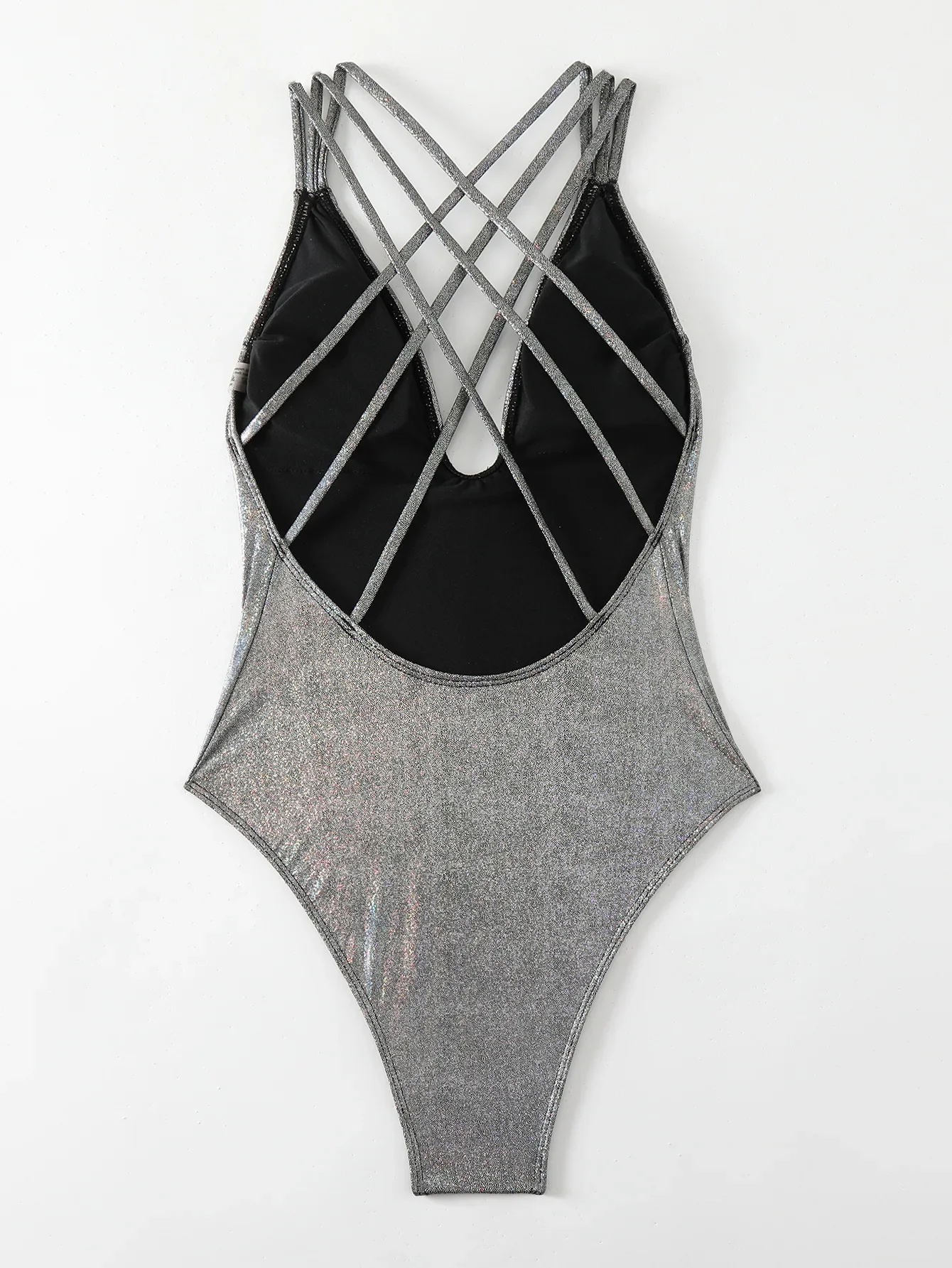 Sexy Glitter Solid Silver Backless Swimsuit One Piece Back Bandage Bikinis Thong Swimwear Bodysuits Women Biquini Bathing Suits