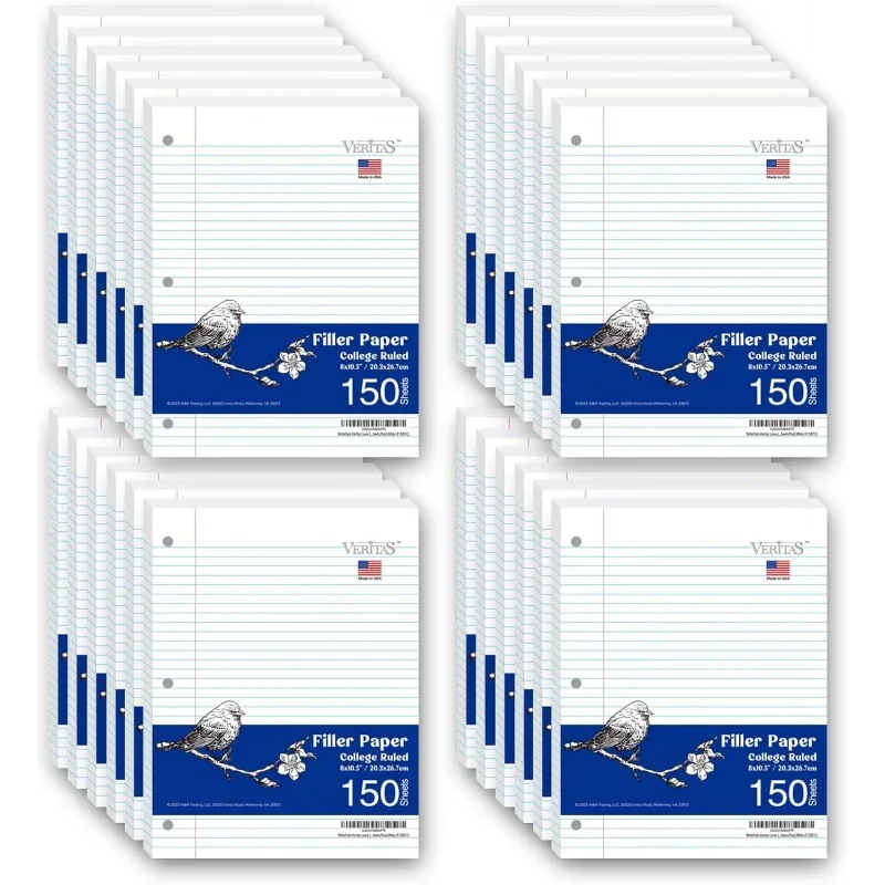 Notebook Paper Bulk Loose Leaf Paper,8x10-1/2 College Ruled Filler Paper,3 Hole Punched Binder Paper 3 Ring Binder, 150 Sh