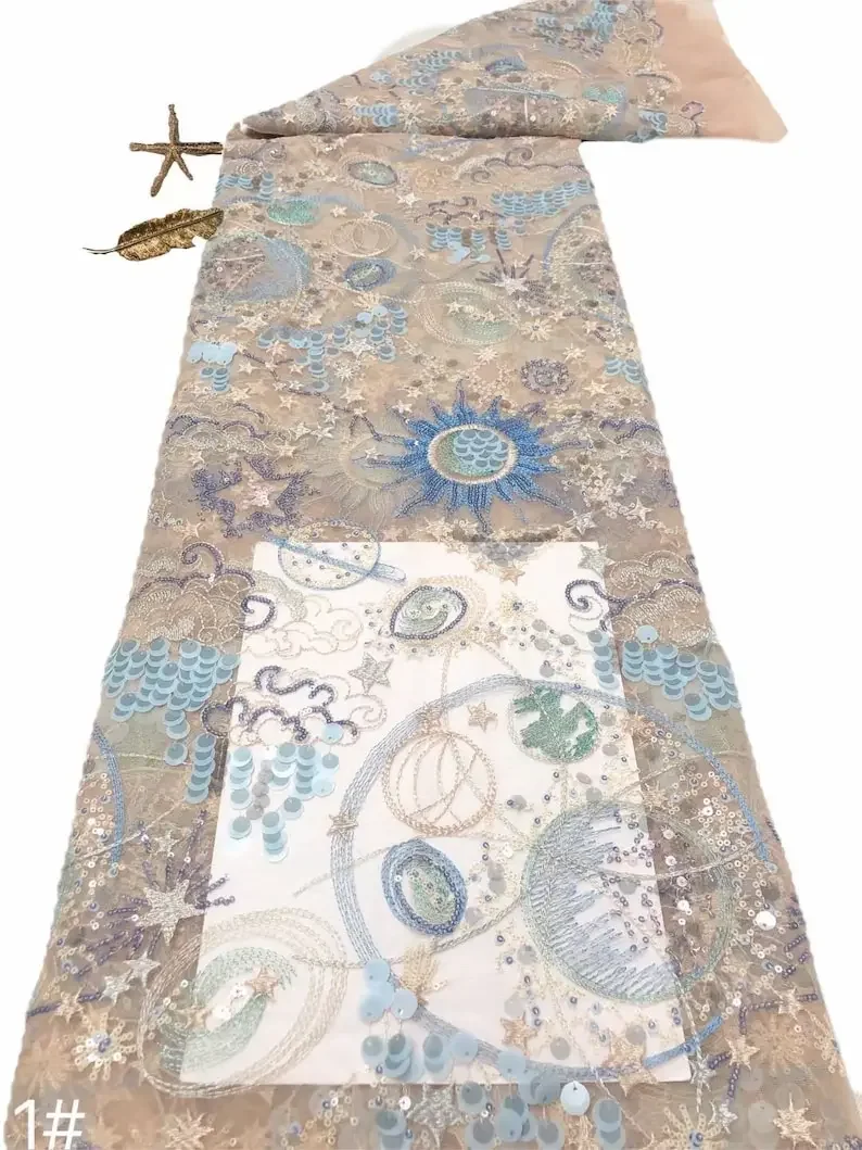 美しいカラフルなスパンコールの太陽刺繍レース生地、スパンコールの花チュール生地、ウェディングドレス、ブライダルドレス用