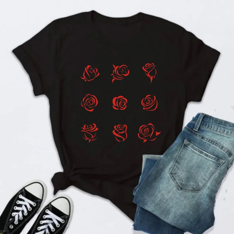 Women T Shirt Rose Print Black Tshirt Female T-shirt Fashion Short Sleeve Tee Tops Harjauku Valentine Cute Tshirt