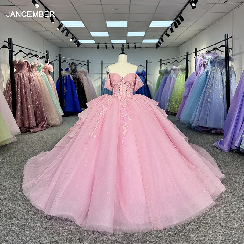 Gogerous Scoop คอที่กําหนดเอง Quinceanera ชุดรถไฟกวาดแขนสั้นประกวดความงามพรหม Gowns vestido 15 ปี DY1272