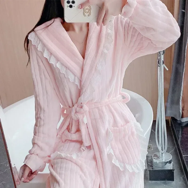 Homewear Women Pajama Fleece Warm Wears Sleepwear Robe Solid Belt Winter Sleeve Lace For Nightgown Night 2023 Long Nightdress